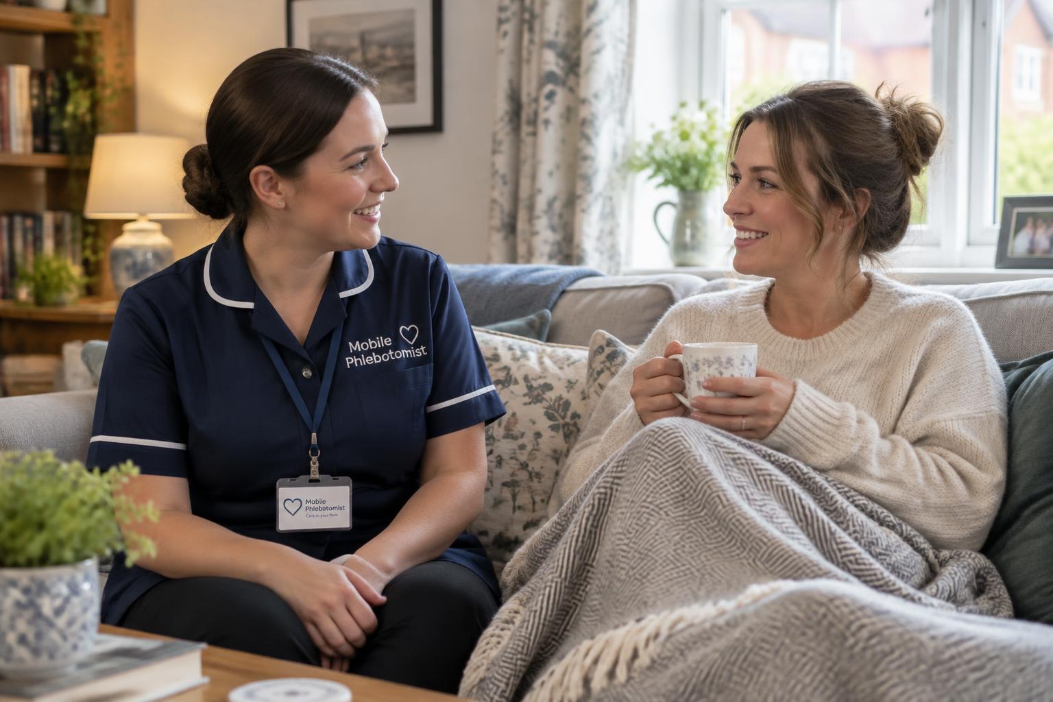 A relaxed client chatting with a visiting phlebotomist at home